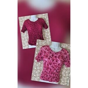 Lot of 2 Popcorn Tops Burgundy/Pink Floral‎ One Size Bubble Crinkle Stretch Y2K